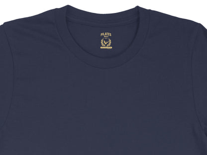 Navy t-shirt with "Pilates Brat" logo featuring a seated figure.