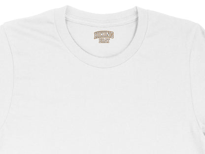 White t-shirt with a "Hiking Brat" logo on the collar.