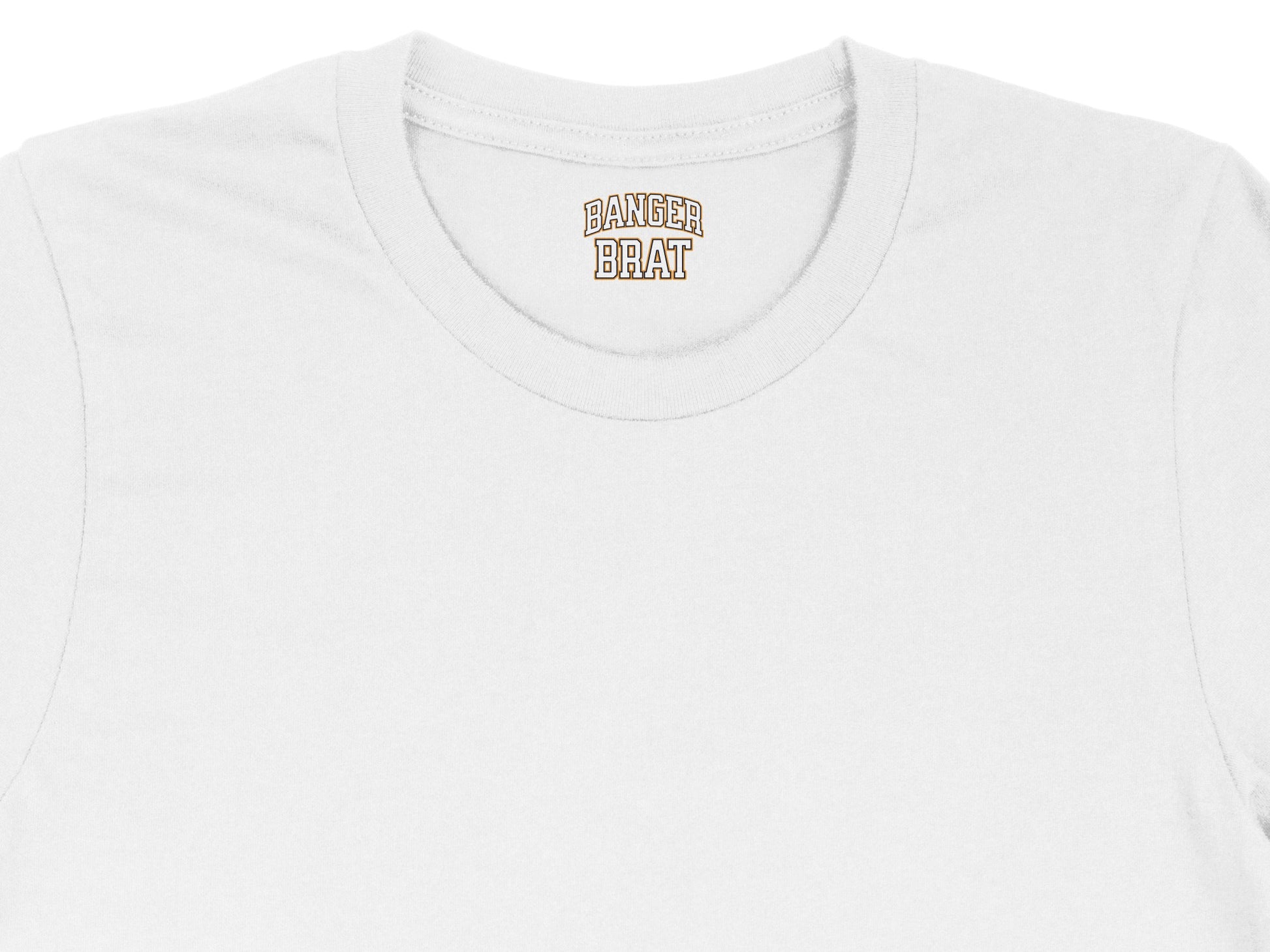 White t-shirt with "BANGOR BRAT" text on the collar.