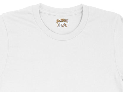 White t-shirt with "BANGOR BRAT" text on the collar.