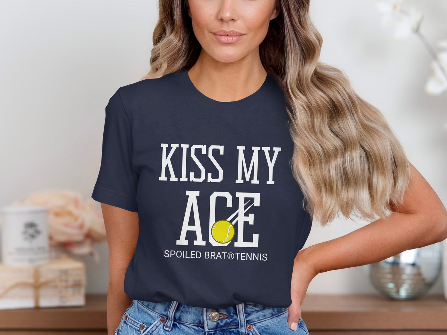 Navy t-shirt with "KISS MY ACE" and a tennis ball.