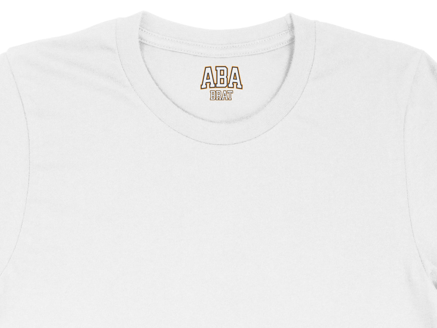 White t-shirt with "ABA BRAT" logo printed on the inside neck tag.