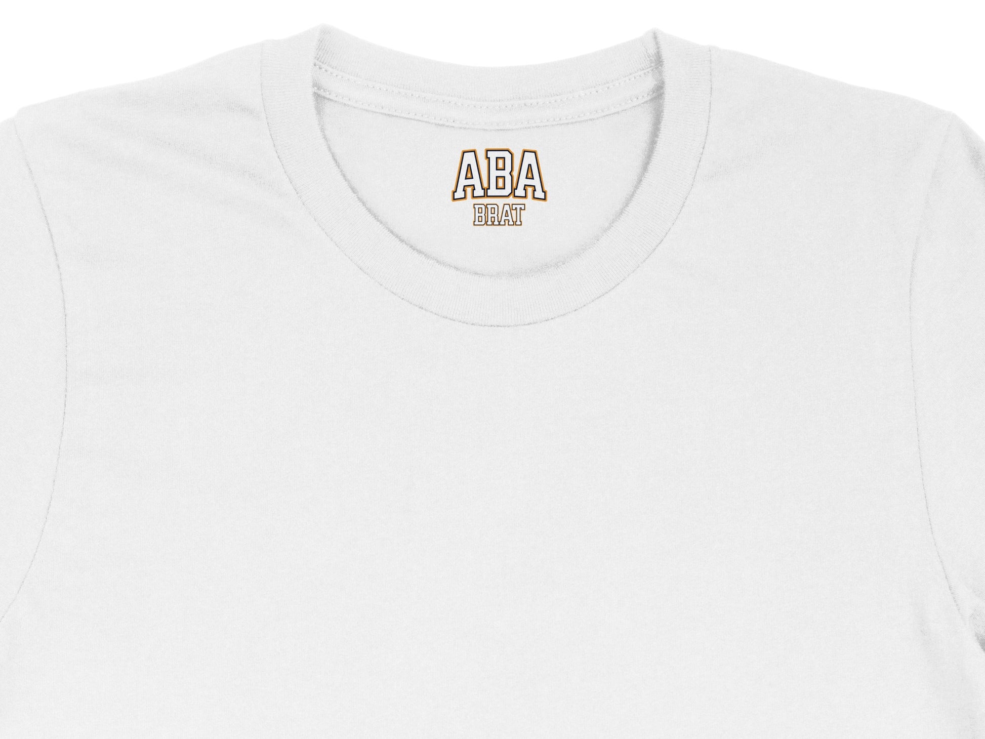 White t-shirt with "ABA BRAT" logo printed on the inside neck tag.
