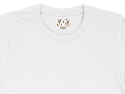 White t-shirt with "ABA BRAT" logo printed on the inside neck tag.