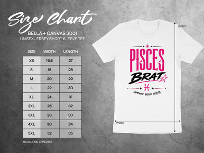 Pisces Brat unisex t-shirt size chart with width and length measurements in inches.