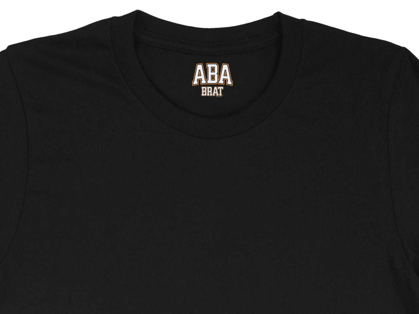 Black t-shirt collar with white and orange ABA BRAT lettering.