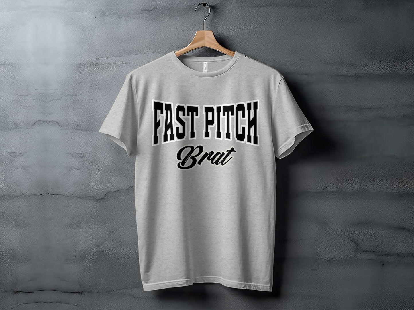 Gray t-shirt with "FAST PITCH Brat" text.