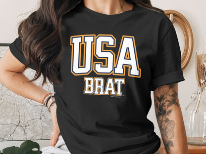 Black t-shirt with "USA BRAT" text and small "Another Spoiled Brat" logo.