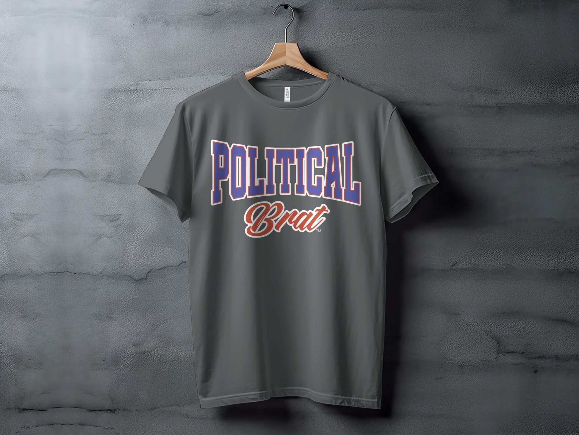 Gray t-shirt with "POLITICAL Brat" text in blue and red.