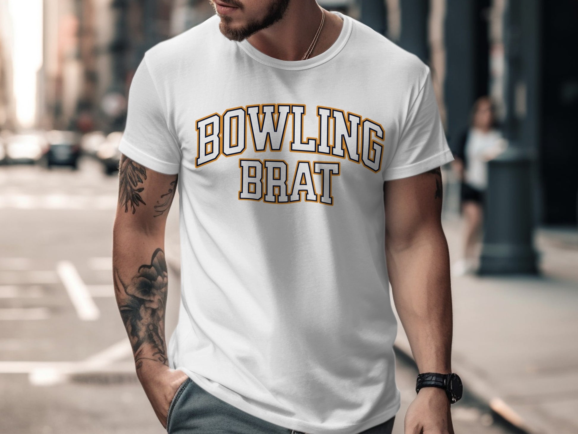 White t-shirt with "BOWLING BRAT" text in white and gold lettering.