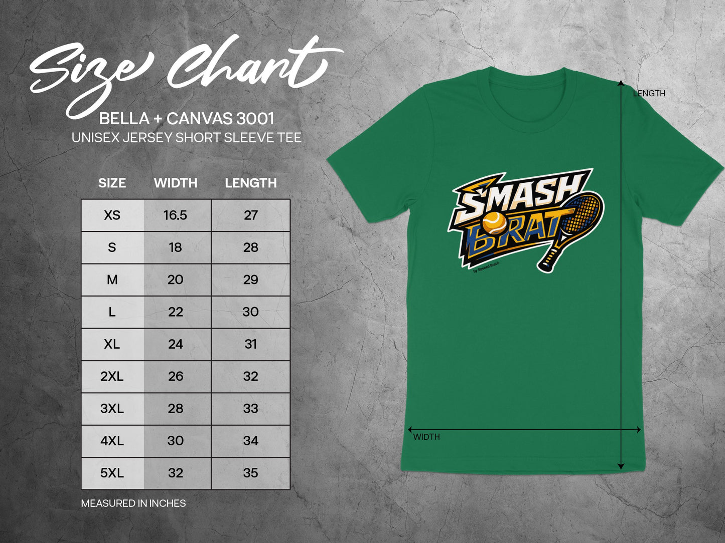 Unisex jersey t-shirt size chart with width and length measurements for sizes XS through 5XL.