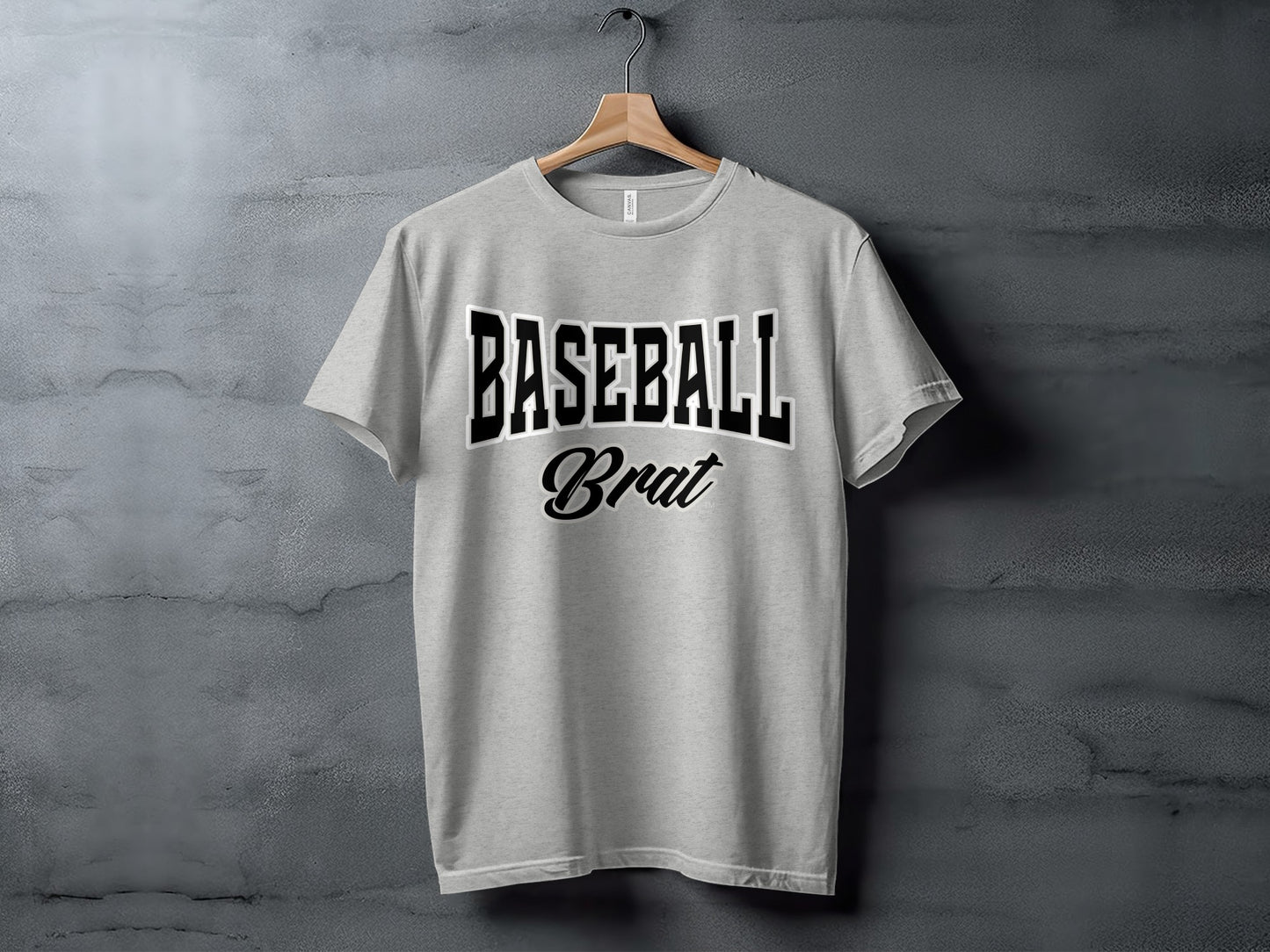 Light gray t-shirt with "BASEBALL Brat" text printed in black and white.