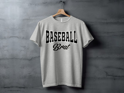 Light gray t-shirt with "BASEBALL Brat" text printed in black and white.