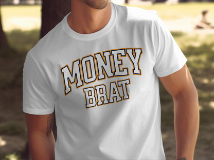 White t-shirt with "MONEY BRAT" text in bold varsity lettering
