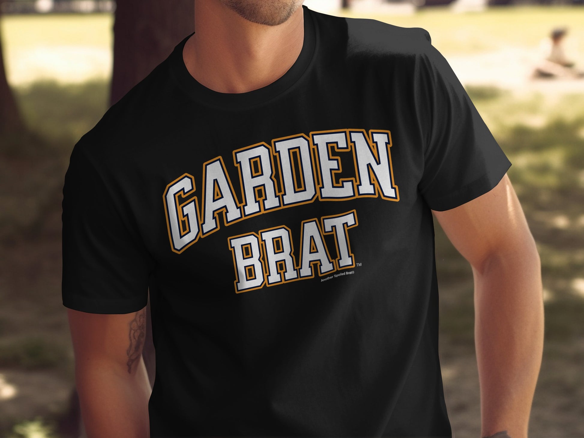 Black t-shirt with "GARDEN BRAT" text and "Another Spoiled Brat" logo.