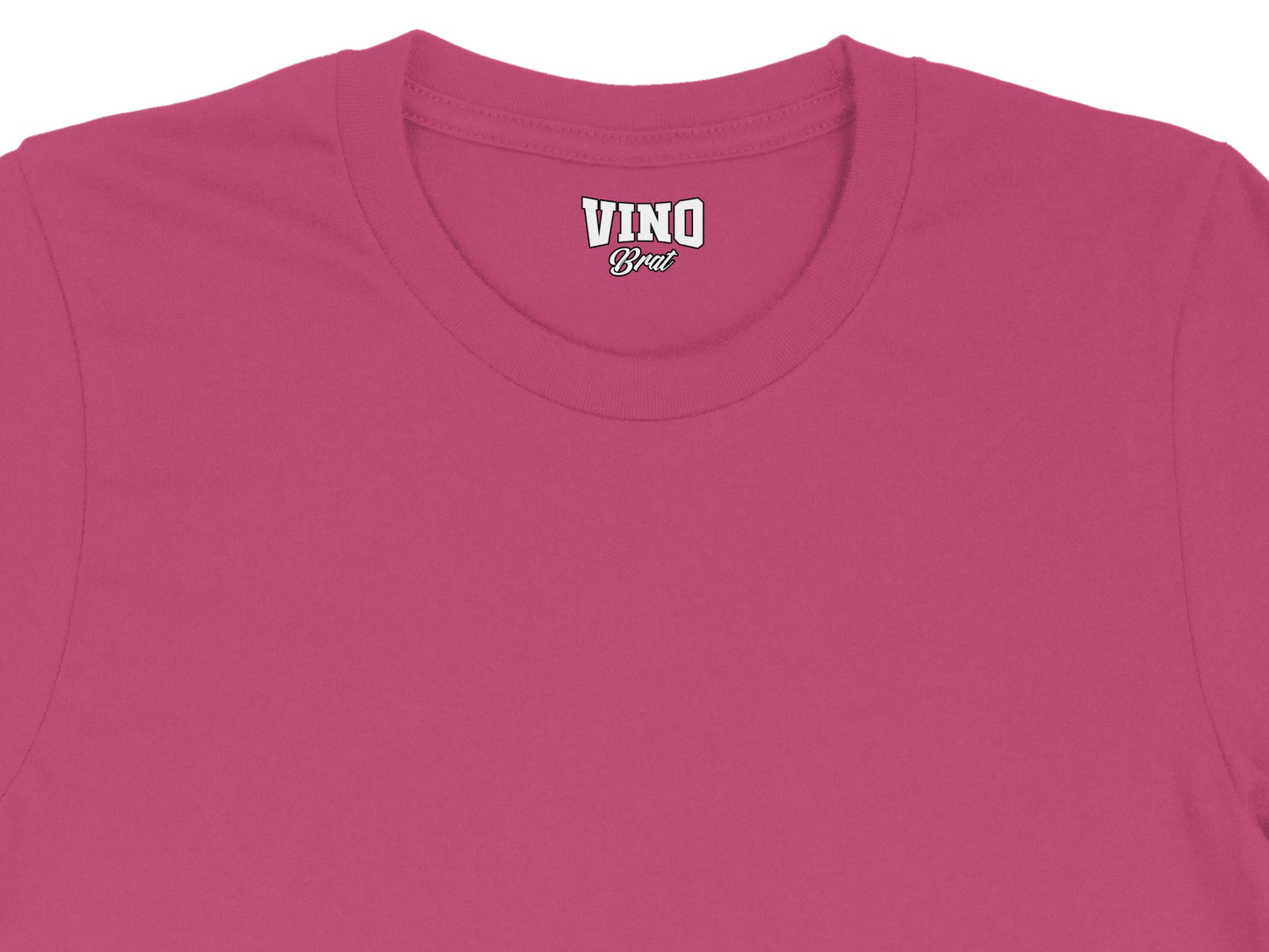 Pink t-shirt with "VINO Brat" graphic and collar detail.