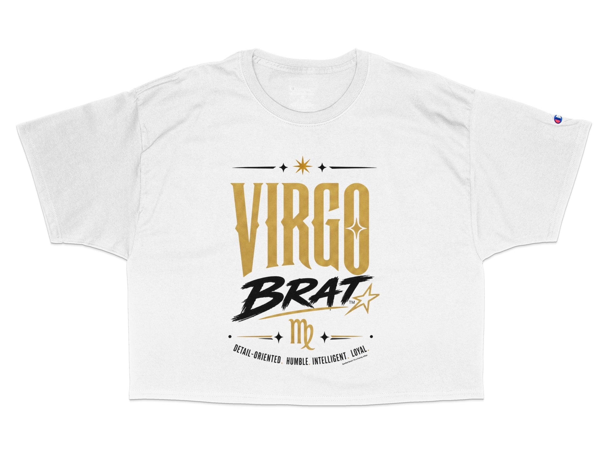 White crop top with "Virgo Brat" graphic and astrological traits.