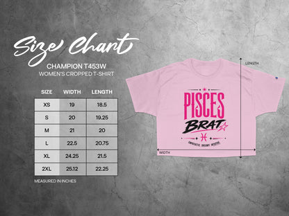 Champion T453W women's cropped t-shirt size chart with width and length measurements.