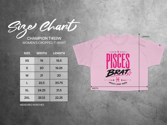 Champion T453W women's cropped t-shirt size chart with width and length measurements.