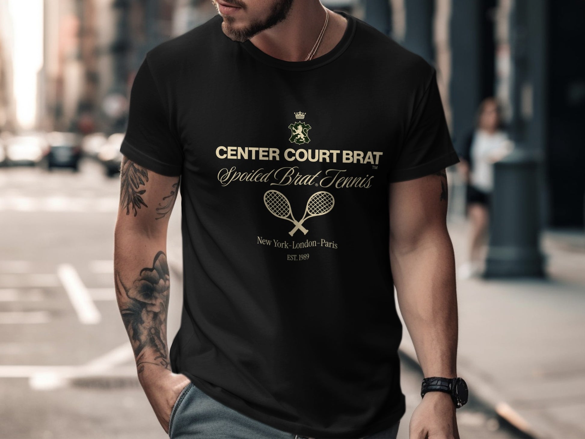 Black t-shirt with "CENTER COURT BRAT" and tennis graphics.