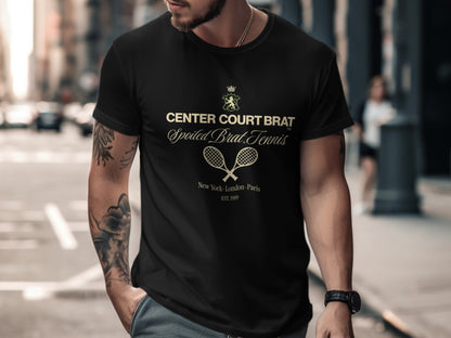 Black t-shirt with "CENTER COURT BRAT" and tennis graphics.