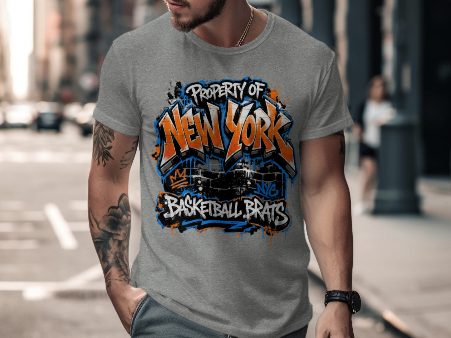 Gray t-shirt with "Property of New York Basketball Brats" graphic and graffiti accents.