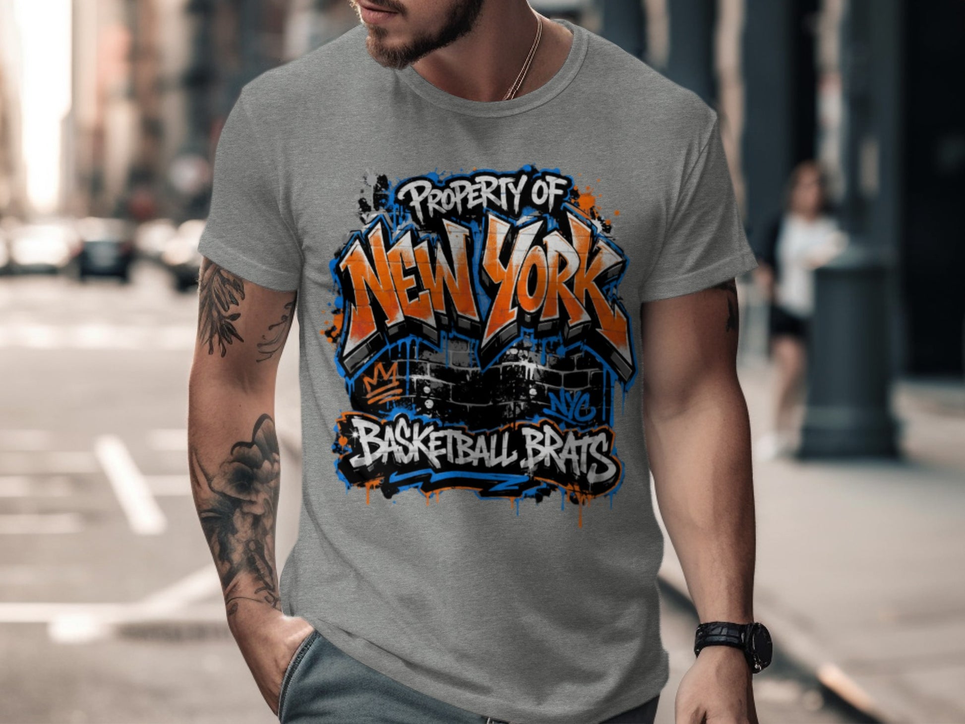 Gray t-shirt with "Property of New York Basketball Brats" graphic and graffiti accents.