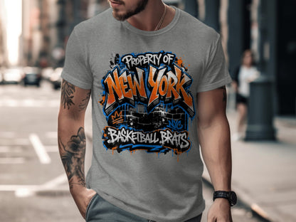 Gray t-shirt with "Property of New York Basketball Brats" graphic and graffiti accents.
