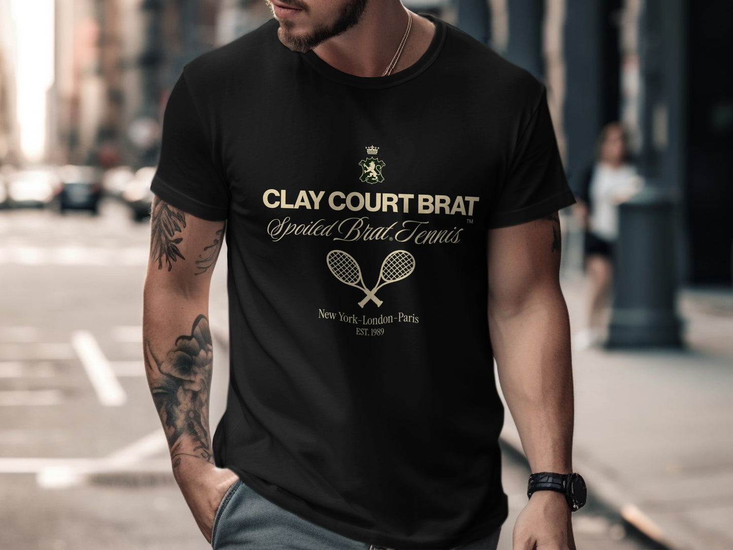Black t-shirt with "CLAY COURT BRAT" and "Spoiled Brat Tennis" text.