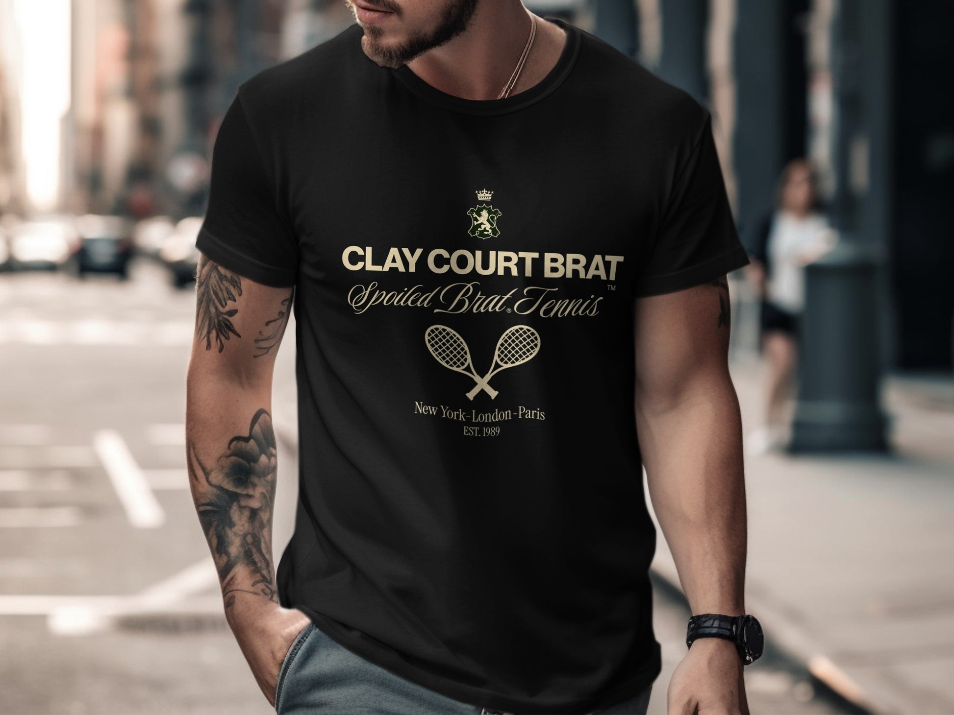 Black t-shirt with "CLAY COURT BRAT" and "Spoiled Brat Tennis" text.