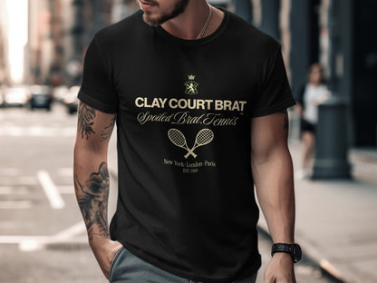 Black t-shirt with "CLAY COURT BRAT" and "Spoiled Brat Tennis" text.