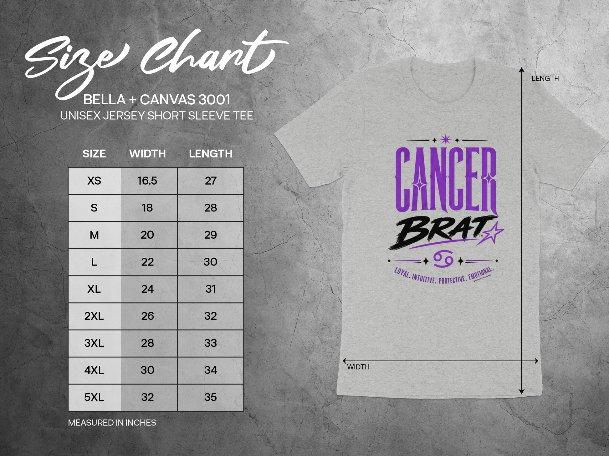 Bella + Canvas 3001 unisex size chart for t-shirts in inches.
