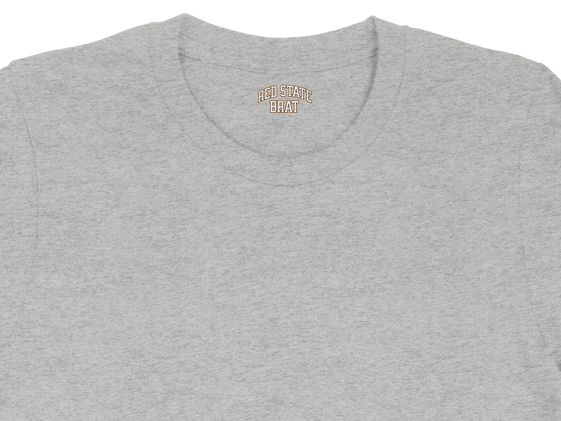 Grey t-shirt with "RED STATE BRAT" text on the collar.