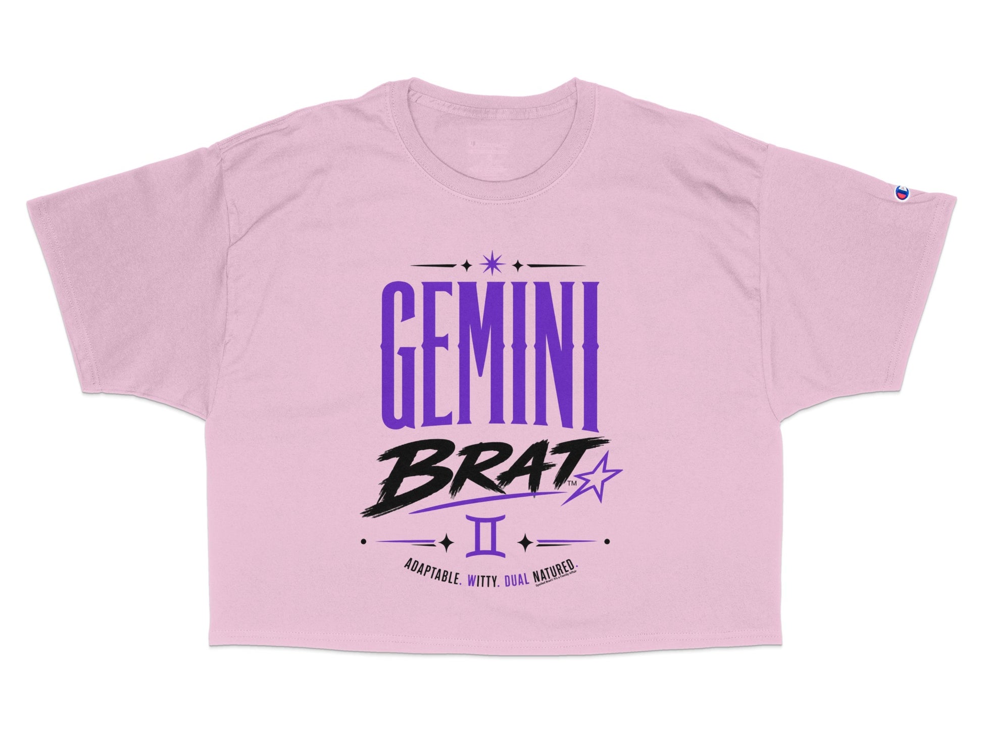 Pink crop top with "GEMINI BRAT" and astrological symbols.