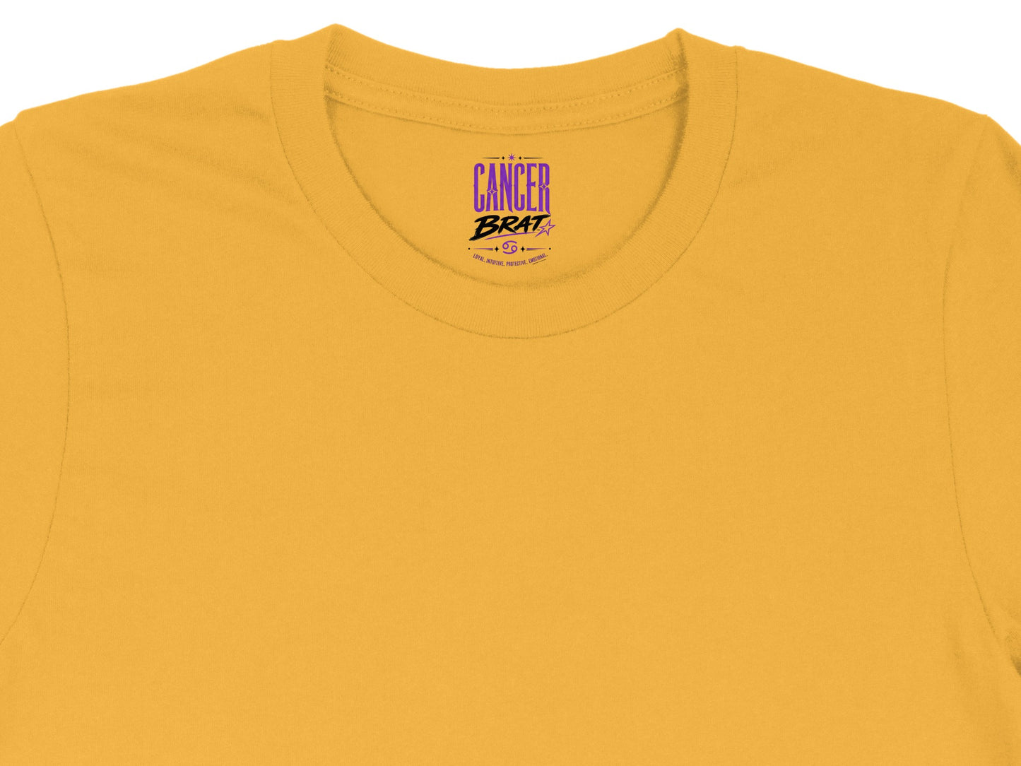 Yellow t-shirt with "Cancer Brat" logo and zodiac symbol.