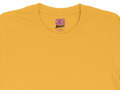 Yellow t-shirt with "Cancer Brat" logo and zodiac symbol.
